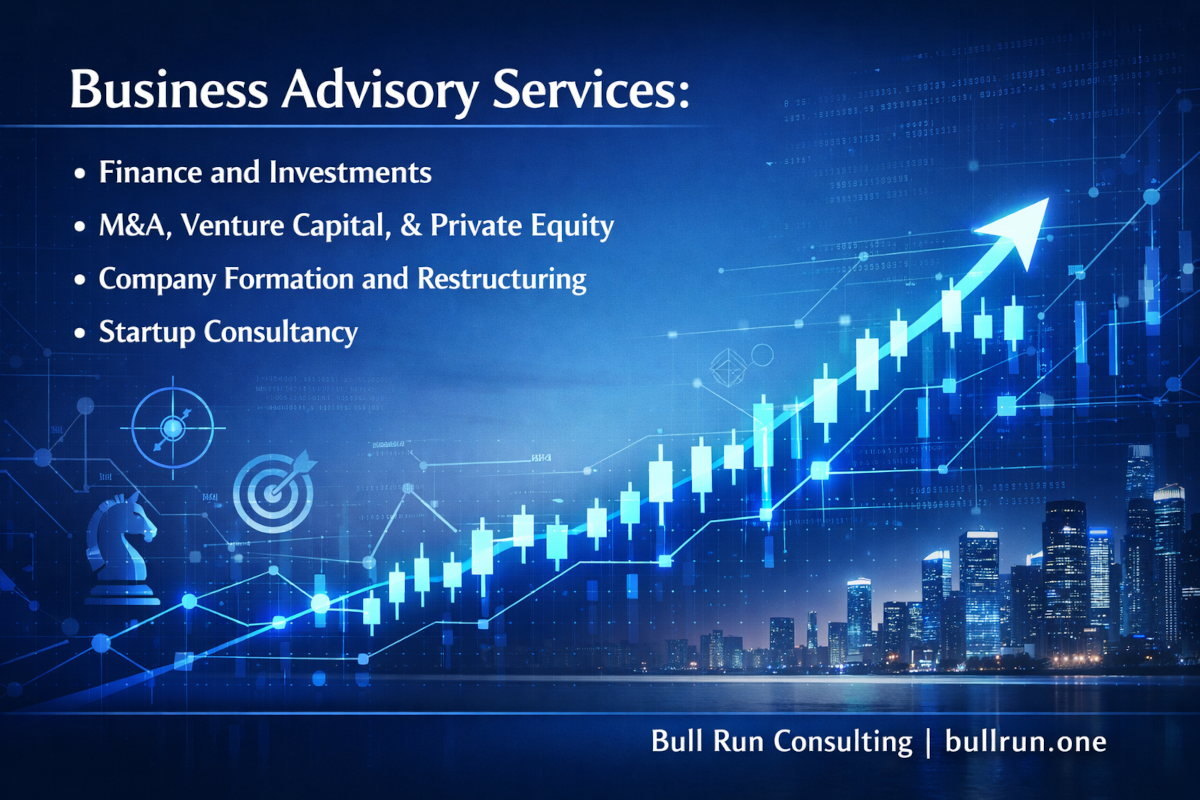 Futuristic blue-toned financial strategy graphic featuring an upward-trending candlestick chart with glowing lines and nodes, overlaid with strategic icons like a target and chess piece, set against a modern city skyline at dusk. Text highlights business advisory services including finance and investments, M&A, company restructuring, and startup consultancy, with Bull Run Consulting branding at the bottom.